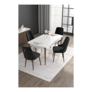 Noa Serisi,beyaz Masa Ceviz Ayak Mdf 80x132 Açılabilir Yemek Odası Takımı,4 Sandalye Gold Halkalı Siyah