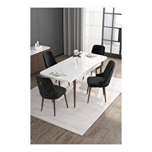 Noa Serisi,beyaz Masa Ceviz Ayak Mdf 80x132 Açılabilir Yemek Odası Takımı,4 Sandalye Gold Halkalı Siyah