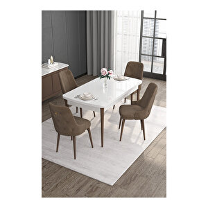 Noa Serisi,beyaz Masa Ceviz Ayak Mdf 80x132 Açılabilir Yemek Odası Takımı,4 Sandalye Gold Halkalı Kahverengi