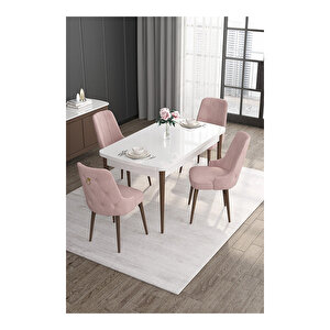 Noa Serisi,beyaz Masa Ceviz Ayak Mdf 80x132 Açılabilir Yemek Odası Takımı,4 Sandalye Gold Halkalı Pembe