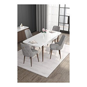 Noa Serisi,beyaz Masa Ceviz Ayak Mdf 80x132 Açılabilir Yemek Odası Takımı,4 Sandalye Gold Halkalı Gri