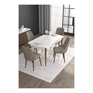 Noa Serisi,beyaz Masa Ceviz Ayak Mdf 80x132 Açılabilir Yemek Odası Takımı,4 Sandalye Gold Halkalı Cappucino