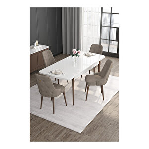 Noa Serisi,beyaz Masa Ceviz Ayak Mdf 80x132 Açılabilir Yemek Odası Takımı,4 Sandalye Gold Halkalı Cappucino