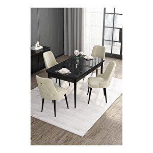 Noa Serisi, 80x132 Mdf Açılabilir Siyah Mermer Desen Masa Takımı, 4 Sandalye Gold Halkalı Krem