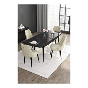 Noa Serisi, 80x132 Mdf Açılabilir Siyah Mermer Desen Masa Takımı, 4 Sandalye Gold Halkalı Krem