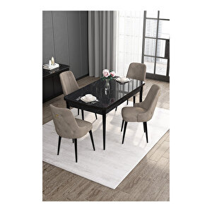 Noa Serisi, 80x132 Mdf Açılabilir Siyah Mermer Desen Masa Takımı, 4 Sandalye Gold Halkalı Cappucino