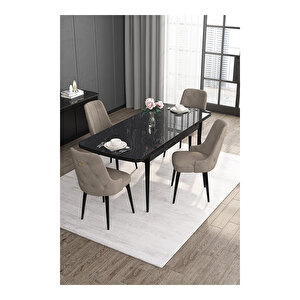 Noa Serisi, 80x132 Mdf Açılabilir Siyah Mermer Desen Masa Takımı, 4 Sandalye Gold Halkalı Cappucino
