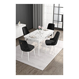 Noa Serisi, 80x132 Mdf Açılabilir Beyaz Mermer Desen Masa Takımı, 4 Sandalye Gold Halkalı Siyah