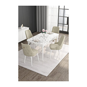 Noa Serisi, 80x132 Mdf Açılabilir Beyaz Mermer Desen Masa Takımı, 4 Sandalye Gold Halkalı Krem