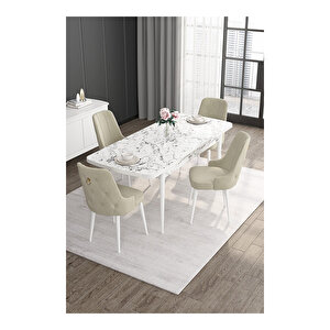 Noa Serisi, 80x132 Mdf Açılabilir Beyaz Mermer Desen Masa Takımı, 4 Sandalye Gold Halkalı Krem