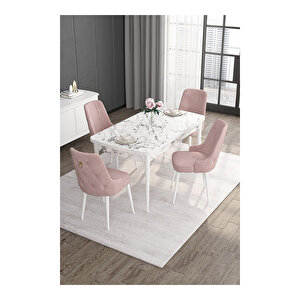 Noa Serisi, 80x132 Mdf Açılabilir Beyaz Mermer Desen Masa Takımı, 4 Sandalye Gold Halkalı Pembe