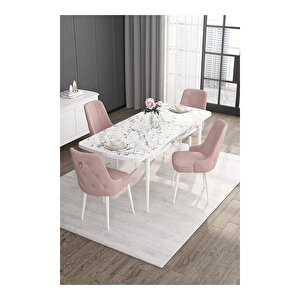 Noa Serisi, 80x132 Mdf Açılabilir Beyaz Mermer Desen Masa Takımı, 4 Sandalye Gold Halkalı Pembe
