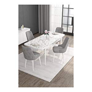 Noa Serisi, 80x132 Mdf Açılabilir Beyaz Mermer Desen Masa Takımı, 4 Sandalye Gold Halkalı Gri
