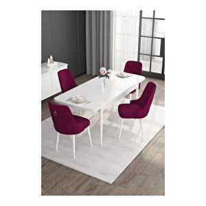 Noa Serisi, 80x132 Mdf Açılabilir Beyaz Masa Takımı, 4 Sandalye Gold Halkalı Mürdüm