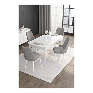 Noa Serisi, 80x132 Mdf Açılabilir Beyaz Masa Takımı, 4 Sandalye Gold Halkalı Gri