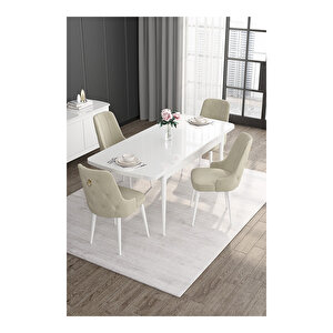 Noa Serisi, 80x132 Mdf Açılabilir Beyaz Masa Takımı, 4 Sandalye Gold Halkalı Cappucino