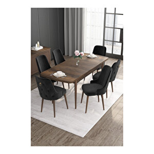 Noa Serisi, Mdf 80x132 Açılabilir Barok Ahşap Desen Mutfak Masa Takımı, 6 Sandalye Gold Halkalı Siyah