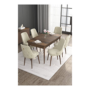 Noa Serisi, Mdf 80x132 Açılabilir Barok Ahşap Desen Mutfak Masa Takımı, 6 Sandalye Gold Halkalı Krem