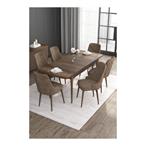Noa Serisi, Mdf 80x132 Açılabilir Barok Ahşap Desen Mutfak Masa Takımı, 6 Sandalye Gold Halkalı Kahverengi