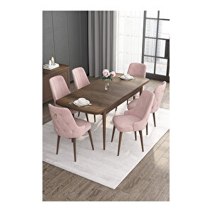 Noa Serisi, Mdf 80x132 Açılabilir Barok Ahşap Desen Mutfak Masa Takımı, 6 Sandalye Gold Halkalı Pembe