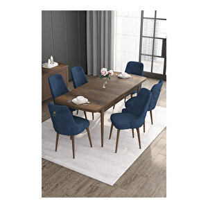 Noa Serisi, Mdf 80x132 Açılabilir Barok Ahşap Desen Mutfak Masa Takımı, 6 Sandalye Gold Halkalı Lacivert