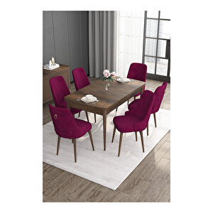 Noa Serisi, Mdf 80x132 Açılabilir Barok Ahşap Desen Mutfak Masa Takımı, 6 Sandalye Gold Halkalı Mürdüm