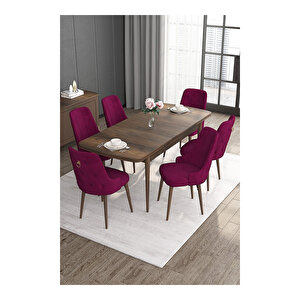 Noa Serisi, Mdf 80x132 Açılabilir Barok Ahşap Desen Mutfak Masa Takımı, 6 Sandalye Gold Halkalı Mürdüm