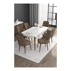Noa Serisi,beyaz Masa Ceviz Ayak Mdf 80x132 Açılabilir Yemek Odası Takımı,6 Sandalye Gold Halkalı Kahverengi