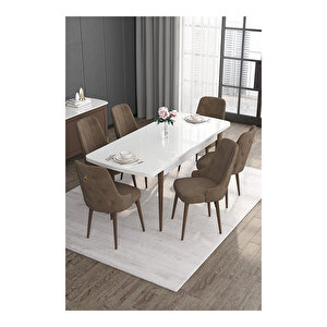 Noa Serisi,beyaz Masa Ceviz Ayak Mdf 80x132 Açılabilir Yemek Odası Takımı,6 Sandalye Gold Halkalı Kahverengi