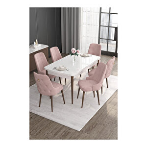Noa Serisi,beyaz Masa Ceviz Ayak Mdf 80x132 Açılabilir Yemek Odası Takımı,6 Sandalye Gold Halkalı Pembe