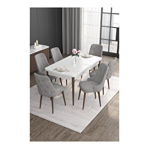 Noa Serisi,beyaz Masa Ceviz Ayak Mdf 80x132 Açılabilir Yemek Odası Takımı,6 Sandalye Gold Halkalı Gri