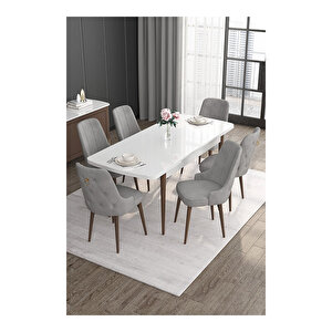 Noa Serisi,beyaz Masa Ceviz Ayak Mdf 80x132 Açılabilir Yemek Odası Takımı,6 Sandalye Gold Halkalı