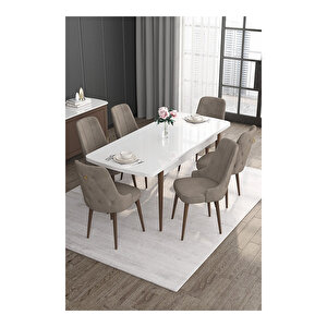 Noa Serisi,beyaz Masa Ceviz Ayak Mdf 80x132 Açılabilir Yemek Odası Takımı,6 Sandalye Gold Halkalı Cappucino