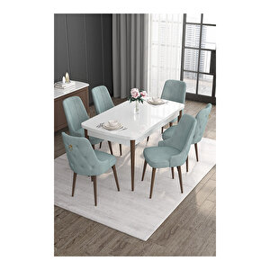 Noa Serisi,beyaz Masa Ceviz Ayak Mdf 80x132 Açılabilir Yemek Odası Takımı,6 Sandalye Gold Halkalı Su Yeşili
