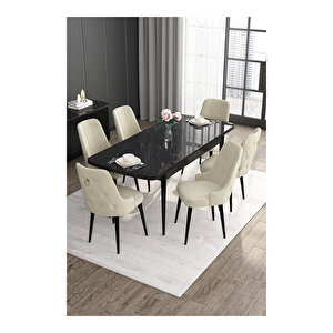 Noa Serisi, 80x132 Mdf Açılabilir Siyah Mermer Desen Masa Takımı, 6 Sandalye Gold Halkalı Krem