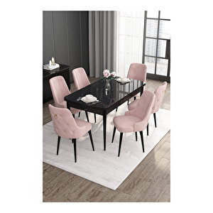 Noa Serisi, 80x132 Mdf Açılabilir Siyah Mermer Desen Masa Takımı, 6 Sandalye Gold Halkalı Pembe