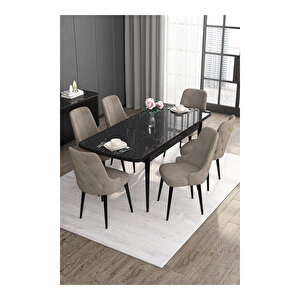 Noa Serisi, 80x132 Mdf Açılabilir Siyah Mermer Desen Masa Takımı, 6 Sandalye Gold Halkalı Cappucino