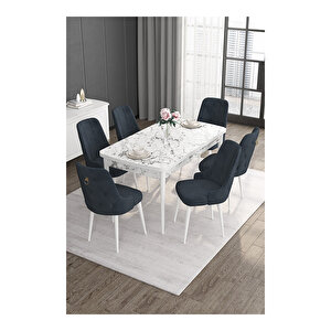 Noa Serisi, 80x132 Mdf Açılabilir Beyaz Mermer Desen Masa Takımı, 6 Sandalye Gold Halkalı Antrasit