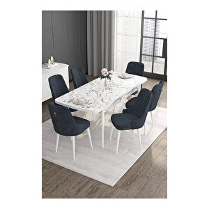 Noa Serisi, 80x132 Mdf Açılabilir Beyaz Mermer Desen Masa Takımı, 6 Sandalye Gold Halkalı Antrasit