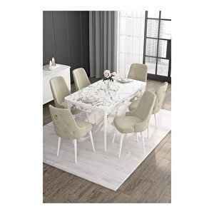 Noa Serisi, 80x132 Mdf Açılabilir Beyaz Mermer Desen Masa Takımı, 6 Sandalye Gold Halkalı Krem