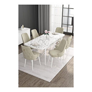 Noa Serisi, 80x132 Mdf Açılabilir Beyaz Mermer Desen Masa Takımı, 6 Sandalye Gold Halkalı Krem