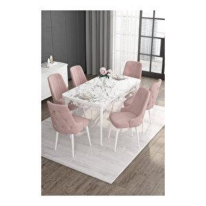 Noa Serisi, 80x132 Mdf Açılabilir Beyaz Mermer Desen Masa Takımı, 6 Sandalye Gold Halkalı Pembe