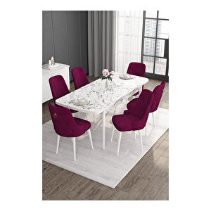 Noa Serisi, 80x132 Mdf Açılabilir Beyaz Mermer Desen Masa Takımı, 6 Sandalye Gold Halkalı Mürdüm