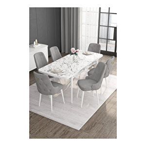 Noa Serisi, 80x132 Mdf Açılabilir Beyaz Mermer Desen Masa Takımı, 6 Sandalye Gold Halkalı Gri