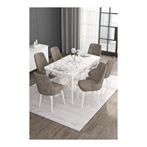 Noa Serisi, 80x132 Mdf Açılabilir Beyaz Mermer Desen Masa Takımı, 6 Sandalye Gold Halkalı Cappucino