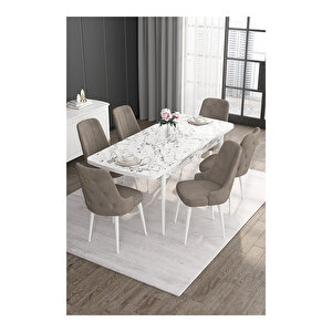 Noa Serisi, 80x132 Mdf Açılabilir Beyaz Mermer Desen Masa Takımı, 6 Sandalye Gold Halkalı Cappucino