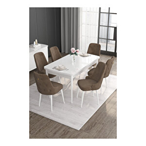 Noa Serisi, 80x132 Mdf Açılabilir Beyaz Masa Takımı, 6 Sandalye Gold Halkalı Kahverengi