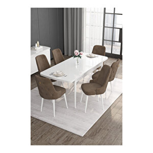 Noa Serisi, 80x132 Mdf Açılabilir Beyaz Masa Takımı, 6 Sandalye Gold Halkalı Kahverengi