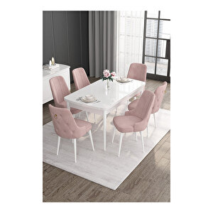 Noa Serisi, 80x132 Mdf Açılabilir Beyaz Masa Takımı, 6 Sandalye Gold Halkalı Pembe