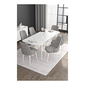 Noa Serisi, 80x132 Mdf Açılabilir Beyaz Masa Takımı, 6 Sandalye Gold Halkalı Gri